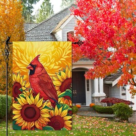 Jauageon Fall Cardinal Sunflower Garden Flag Autumn Garden Flag Harvest Vertical Double Sided Rustic Farmland Burlap Yard Lawn Outdoor Decor 12.5x18"