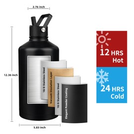 YONICOER Insulated Water Bottle 128oz,Triple Wall Vacuum Stainless Steel(Dishwasher Safe),Leak Proof & Non-BPA,Flask Jug with Paracord Handle & Straw Spout Lids Sports Black