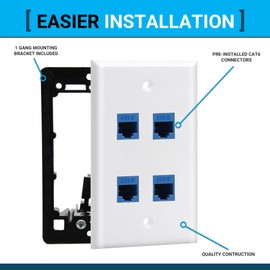 DIYTECH 4 Port Ethernet Wall Plate, Cat 6, Wall Outlet, RJ45 Female to Female Keystone Jacks - White
