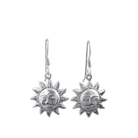 Silverly 925 Sterling Silver Smiling Sun Earrings - Dangle Hook Design 16mm - Heavenly Boho Jewelry for Women - Cute Summer Ear Party Fashion Accessories, Sterling Silver