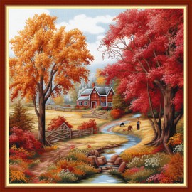 Foxhool Beginners Cross Stitch Kits Stamped Full Range of Embroidery Kits for Adults DIY Cross Stitches kit Embroidery Patterns for Needlepoint kit- autumnal scenery 17.7x17.7 inch