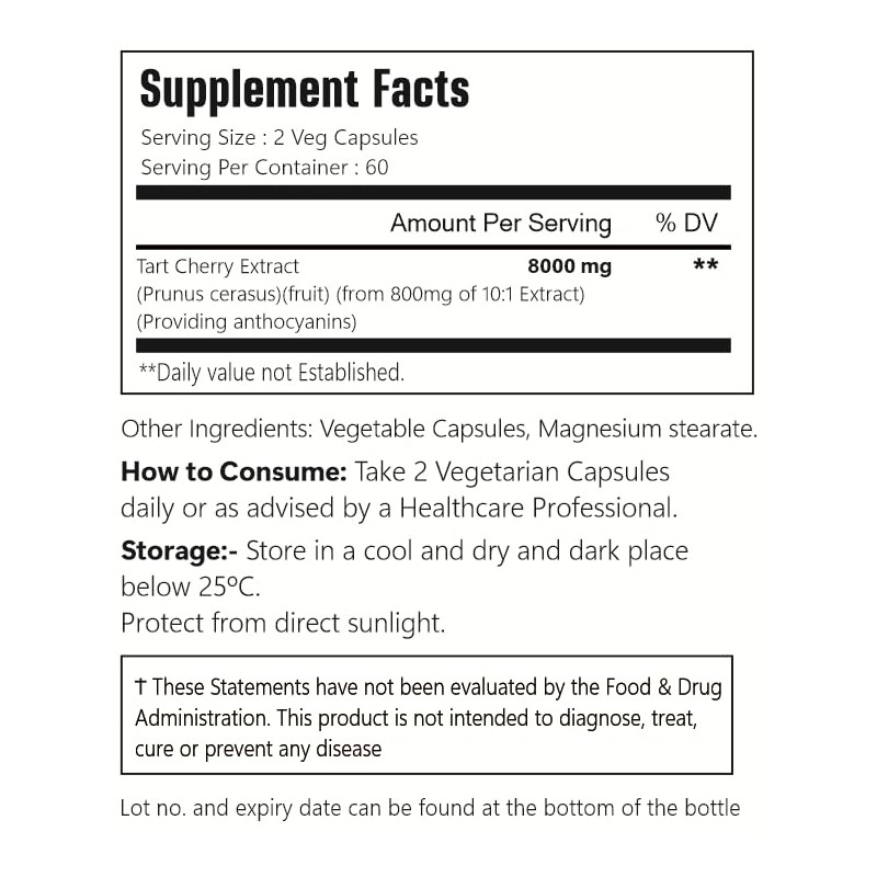 VitaCosmoX Tart Cherry Extract Supplement, 8000mg, 120 Capsules, Vegan