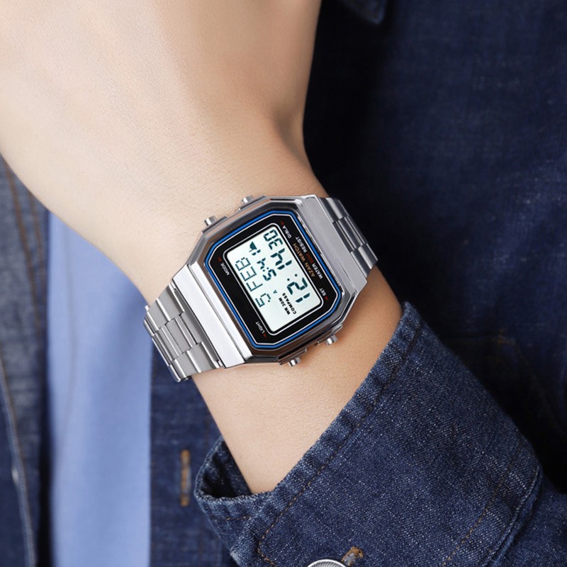 Men Muslim Digital Watch Prayer Reminder Strainless Streel Strap Waterproof