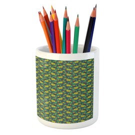 Lunarable Flower Pencil Pen Holder, Vintage Style Flower Composition Summer Season Garden Art Design, Printed Ceramic Pencil Pen Holder for Desk Office Accessory, Green Yellow and Charcoal Grey