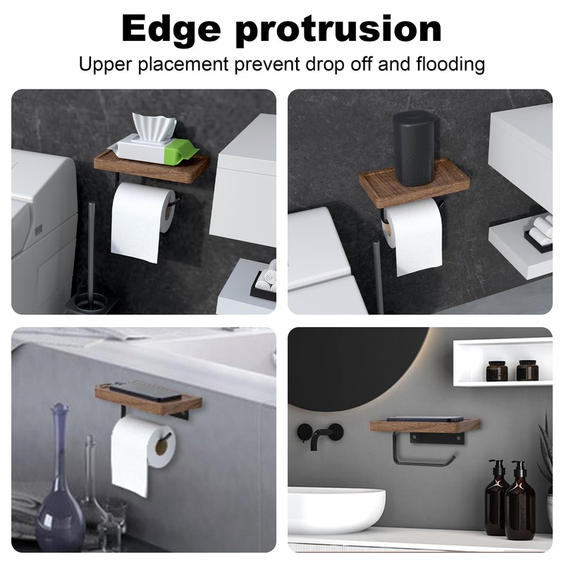 IURRDOP Toilet Paper Holder with Black Walnut Wood Shelf, Wall