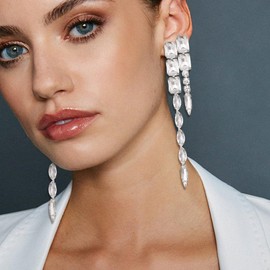 BriLove Geometric Long Earrings Crystal Rhinestone Marquise Rectangle Emerald Cut Chandelier Drop Statement for Women Party Prom Clear Silver-Tone
