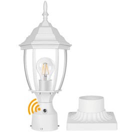PARTPHONER Dusk to Dawn White Outdoor Post Light with Pier Mount Base, Waterproof Pole Lantern Light Fixture, Exterior Lamp Post Lantern Head with Clear Glass Panels for Garden, Patio, Pathway