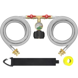 Upgraded 5FT Propane 2 Way Splitter Adapter Hose Stainless Braided Y Splitter Hose 1 lb to 20 lb Converter with Shut Off Valve with Gauge Propane Hose Adapter 1lb LP Appliances to QCC1 5-40lb Tank