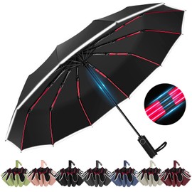 Rain and Sunproof Folding Umbrella with Reflective Strips, 12 Red Ribs (3 Ribs+2 Ribs) Portable Foldable Backpack Large Umbrella for Cars Compact Umbrellas for Men and Women, black