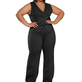 Womens Plus Size Two Piece Outfits Summer Fashion Button V Neck Crop Vest Blazer and Wide Leg Pants Suit Matching Sets Black 5X