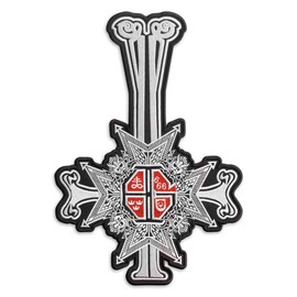 Ghost BC Papa Emeritus Grucifix Cross Heavy Metal Doom Hard Rock Band Embroidered Patch Iron On (4.9" x 7.1", Silver/Red)