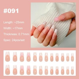 【NEW ARRIVALS!】 Press on Nails French Tip Bling Coffin Short Almond Fake Nails with Designs Glue on Nails Long Glossy Gradient Medium False Nails Reusable Full Cover Thick Nail Acrylic Stick on Nails for Women Girls 24 Pcs:_091