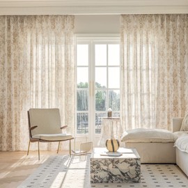 SUOUO Coffee Floral Semi Sheer Curtains Linen Textured for Living Room 96 inches Long 2 Panels Rod Pocket Light Filtering Window Drapes for Bedroom Dining