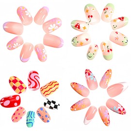 96Pcs Almond Press-On Nails - Cute Floral Cherry Blossom Designs with Elegant Lines - Cartoon Fake Nails with Glue - Full Cover False Nail Tips for Women, Girls & Kids - Easy DIY Manicure at Home