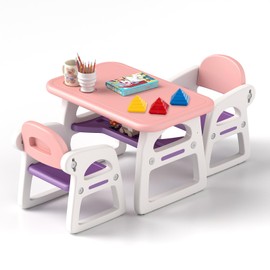 HONEY JOY Kids Table and Chair Set, Plastic Children Activity Table and 2 Chairs w/Building Blocks, Storage, for Art Craft, Toddler Table and Chair Set for Daycare Playroom, Gift for Boys Girls (Pink)