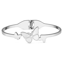 NEWEI Cute Butterfly Bracelet Bangle for Women Stainless Steel 18k Gold Plated Butterfly Charms For Bracelets Couple Butterflies Gifts (Butterfly A Silver)