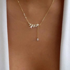 Atentuyi Boho Cz Pendant Necklace Choker Gold Crystal Leaf Necklace Lariat Teardrop Cz Necklace Cz Y Necklace Dainty Chain Necklace Jewelry for Women and Girls