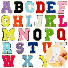 Jongdari Chenille Letter Patches Self-Adhesive & Iron-On Letters, 52pcs Varsity Fuzzy Patch Glitter Alphabet - 52pcs, Multicolored