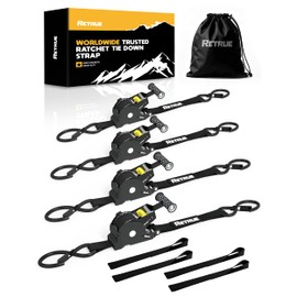 RETRUE Retractable Ratchet Straps (4-Pack) - 1 Inch x 10 Feet (1,200lb Break Strength) - Heavy Duty Auto Self Retracting Tie Down Straps for Truck, Cargo Trailer, Motorcycle, Rad & More - Black