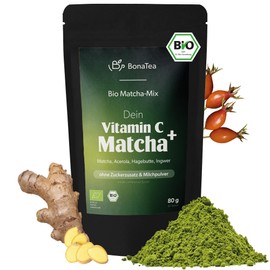Organic Vitamin C Matcha+, Matcha Mix with Superfood Powder from Acerola, Rosehip, Ginger and 60% Organic Premium Matcha from Japan, 80 g