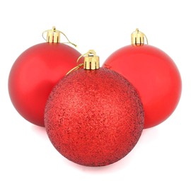 Mr Crimbo Set Of 9 Medium Round Christmas Tree Baubles Shiny Mirrored Matt Glittery, Red 8cm
