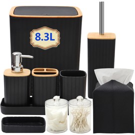 Bathroom Accessory Set, 10 Pieces Black Bathroom Accessories with Toothbrush Holder, Tissue Box Cover, Trash Can, Soap Dispenser, Bamboo Tray, Tumbler, Soap Dish, Toilet Brush, Qtip Holder
