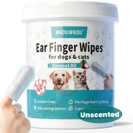 MEDUWEDU Ear Cleaner Finger Wipes 60 Counts, Dog Ear Cleaner, Grooming Kit Care for Dogs and Cats, Soft & Easy Otic Cleaning Pads, Remove Wax, Dirt & Stop Smelly, Itchy, Non-Irritating, Unscented