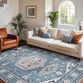 Kokia Area Rugs Living Room Ultra-Thin Washable Blue 4x6 Rug Bedrooom Geometric Tribal Distressed Lightweight Foldable Carpet for Dining Room Home Office, Solani Blue-A-1