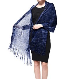 TZ Promise Vestido de fiesta metálico con purpurina para mujer, chal y noche, con flecos, Azul marino, Talla única