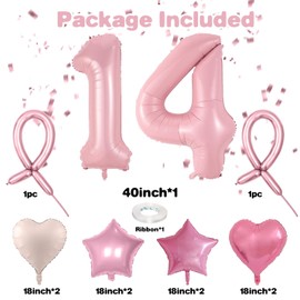 Pastel Pink 14 Balloons, Baby Pink 14 Number Balloons, Pink Number 14 Balloons Set, Pink Foil Star Heart Balloons With Long Balloons For Gilrs Woman 14th Birthday Party 1st 4th Baby Shower Decor