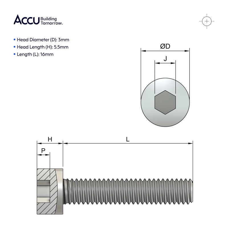 Accu - M3 x 16mm Full Thread Cap Head Screws