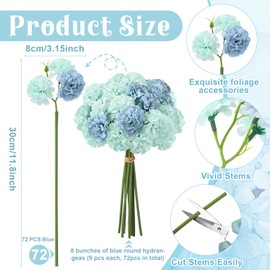 Ovveroche 72 Pcs Blue Green Hydrangea Artificial Flowers, Round Floral Bouquet for Home Decor, Wedding, Party, and Seasonal Decoration, Realistic Fake Flowers for Centerpieces Aisle Table Arrangements