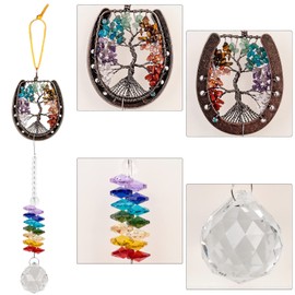 mookaitedecor Horseshoe Tree of Life Hanging Ornament with Rainbow Sun Catcher Crystal Ball Prism for Car Rear View Mirror Window Home Decoration, 7 Chakra Stones