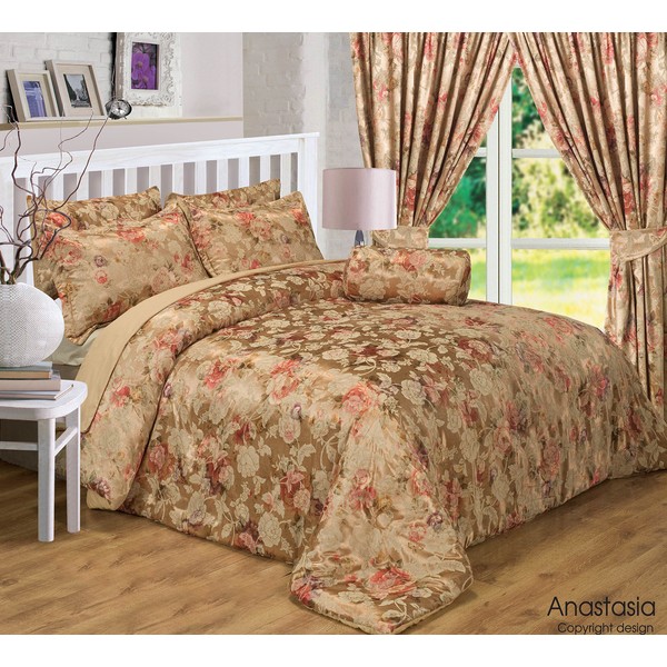 Double Bed Anastasia Gold, Bedspread Set with Pillow Shams, by Courtaulds Fabrics, Jacquard Floral Print, Embellished Circle Quilted Throw Over, Mink Tan Terracotta Rust Red