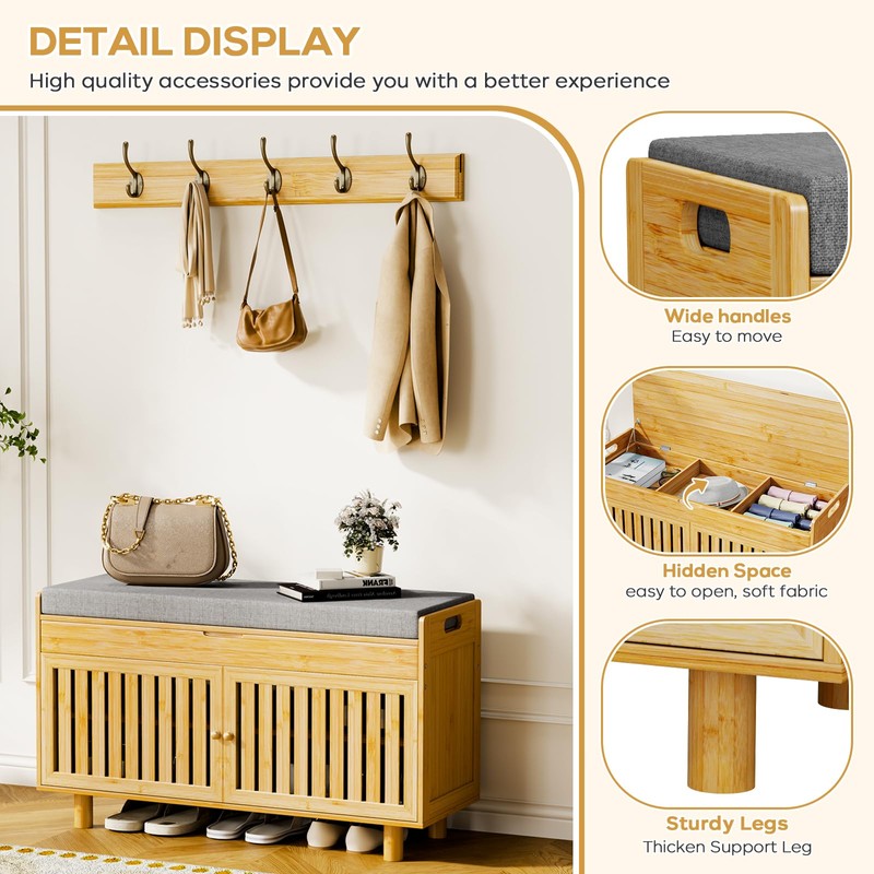 Coat Rack Shoe Bench Set, Bamboo Shoe Storage Bench with