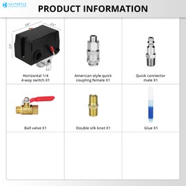 Universal Air Compressor Pressure Switch Control Valve (90-120 PSI, 110V-240V) with 0-180 PSI Regulator and Safety Pressure Relief Valve - 4 Way Replacement Part (90-120PSI-004)
