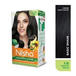 Nisha Creme Hair Colour 1.0 Natural Black (60gm + 60ml + 18ml Nisha Conditioner with Natural Herbs 100% Grey Hair Coverage) Pack of 2