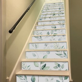 funlife 15Pcs Peel and Stick Plants Stair Stickers, Self Adhesive Vinyl Stair Risers Decals, Staircase Murals Decor, 39.37"x7.09" Watercolor Eucalyptus