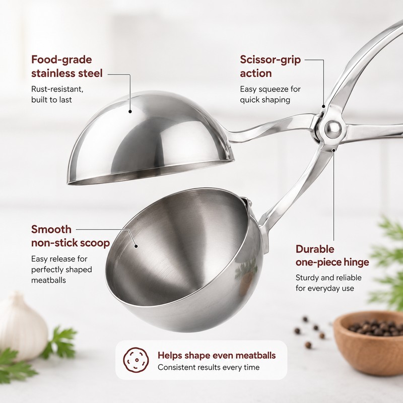 Stainless Steel Meatball Maker Tool – Non-Stick Scissor Scoop for