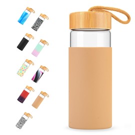 Tronco 20 oz Glass Water Bottles with Lids, Reusable Borosilicate Glass Bottles with Bamboo Lid & Non-Slip Silicone Sleeve for Gym, Hiking, Men and Women, Leak-Proof, BPA-Free, Dishwasher Safe