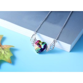 PLATO H Women Angel Wing Heart Necklace Rainbow Iridescent Crystal Mom Pendant Jewelry Large Heart Fashion Mother's Day Gift
