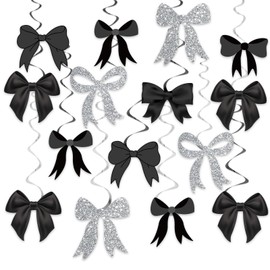 JarThenaAMCS 21Pcs Bow Party Hanging Swirl Decoration Black Silver Bow Glitter Bowknot Birthday Hanging Streamer Cutout Cardboard Ceiling Spiral for Bachelorette Ornament