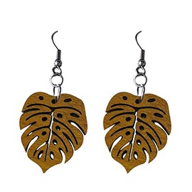 40mm Natural Wood Carved Tropical Hawaii Monstera Leaf Dangle Dangling Hypoallergenic Surgical Steel Hook Earrings