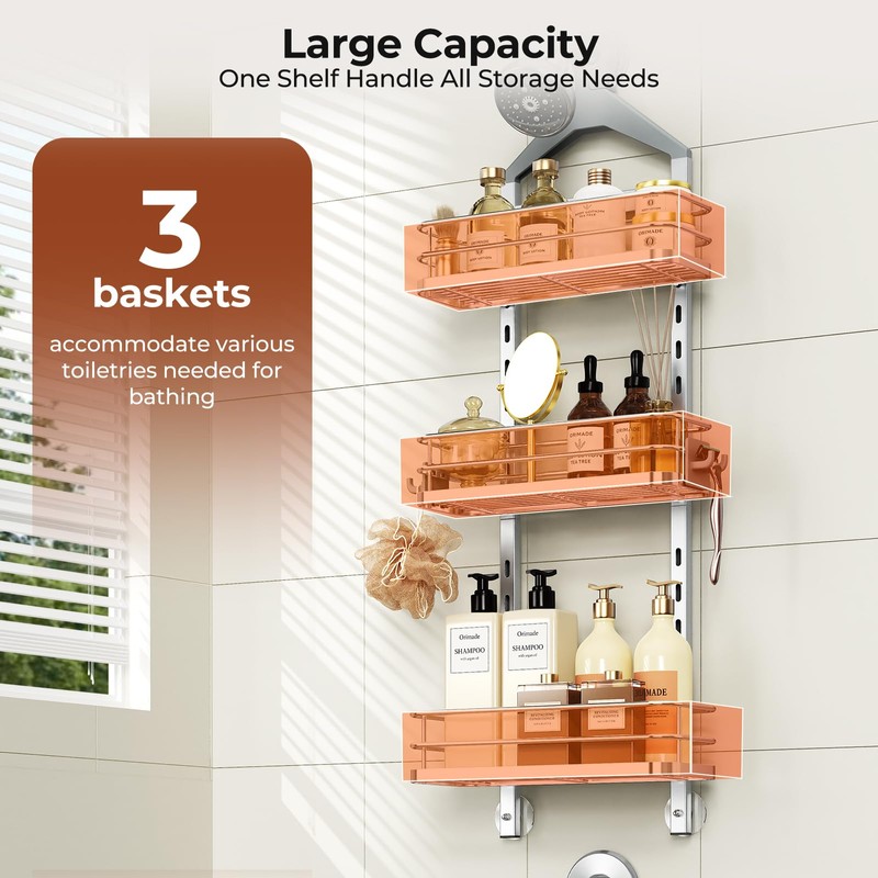 Orimade Aluminum Hanging Shower Caddy Over Head, Adjustable Bathroom Shelf