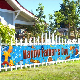 HOWAF Father's Day Yard Sign Banner, Large Happy Father’s Day Banner for Father’s Day Decoration, Blue Father's Day Backdrop for Daddy Birthday Decor, Father’s Day Background Banner Outside Garden Family Party Supplies