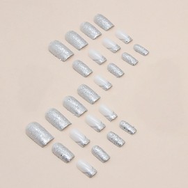 Cubahop 24 Pieces Short Square Silver Gradient Glitter False Nails for Women and Girls