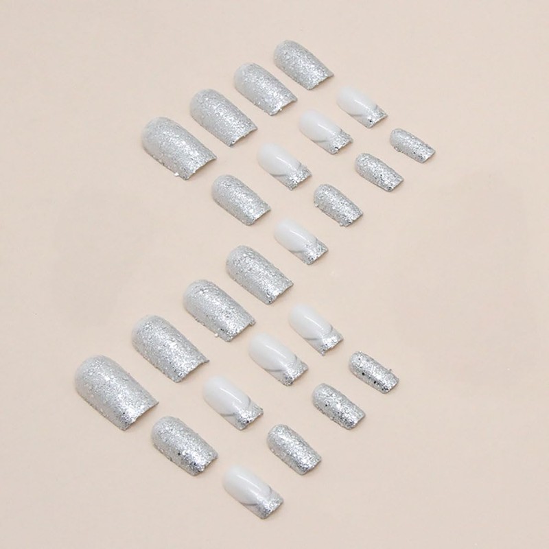 Cubahop 24 Pieces Short Square Silver Gradient Glitter False Nails