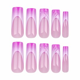 BABALAL Long Press on Nails Square Fake Nails Purple Pink Gradient French Tip Glue ons Nails 3D Water Ripple Acrylic Nail Design 24Pcs Squaoval Handmade False Nails