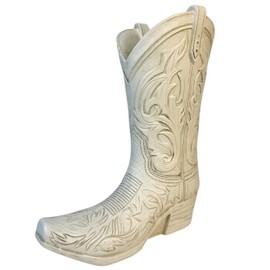 Cowgirl Boot Flower Vase – 10 1/2” Tall Antique White Finish with Intricate Tooled Leather Detailing – Modern Rustic Western Cowboy Home Décor for Flowers or Standalone Accent