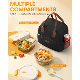 HOTOR Lunch Bag for Women & Men - Wear-Resistant Insulated Lunch Box with Large Capacity, Multi-Functional Cooler Bag for Office, Picnic, Black, 12L, 12.20" x 6.30" x 10.20"
